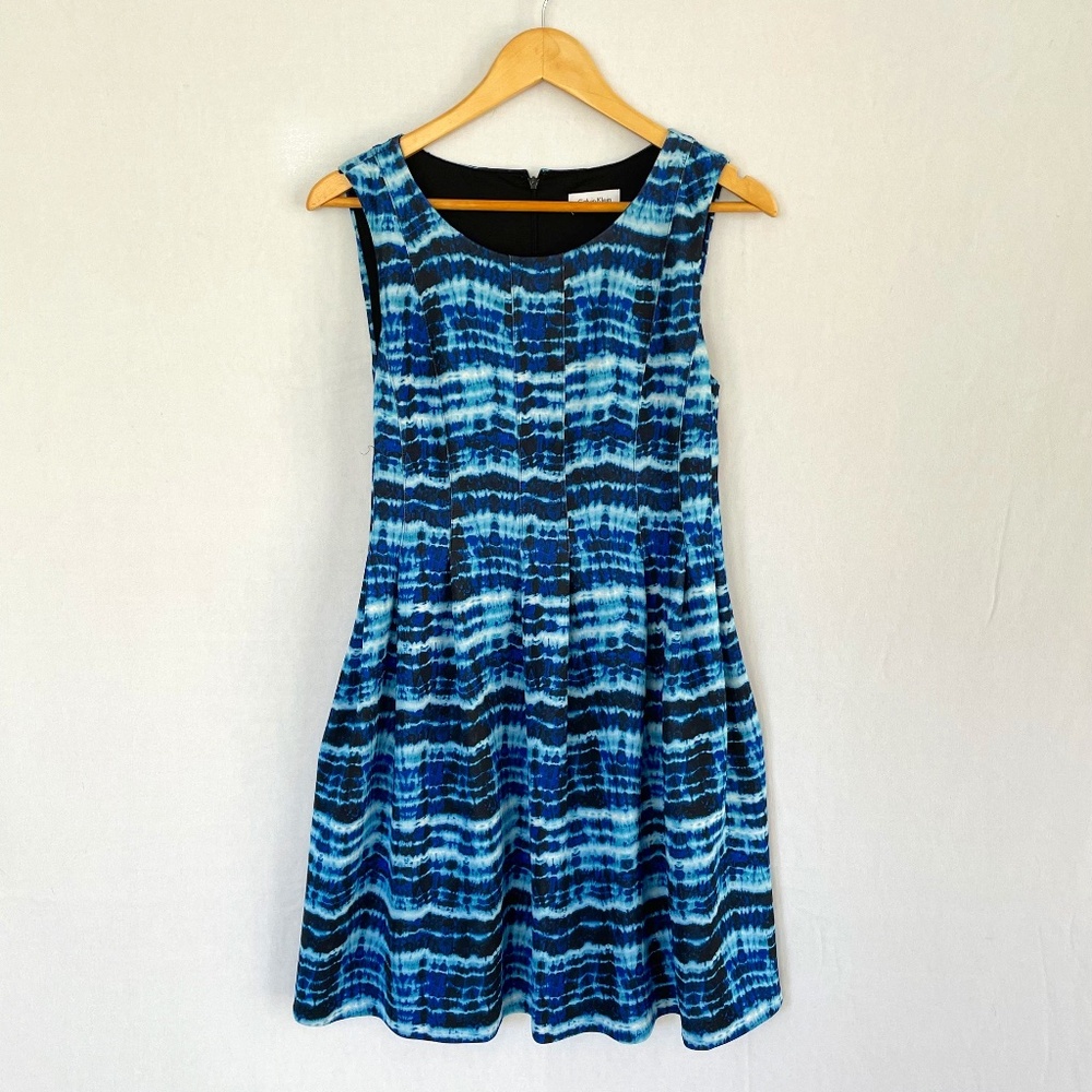 Calvin Klein Sleeveless Scuba A-Line Dress Blue Tie Dye Pockets TINY FLAW